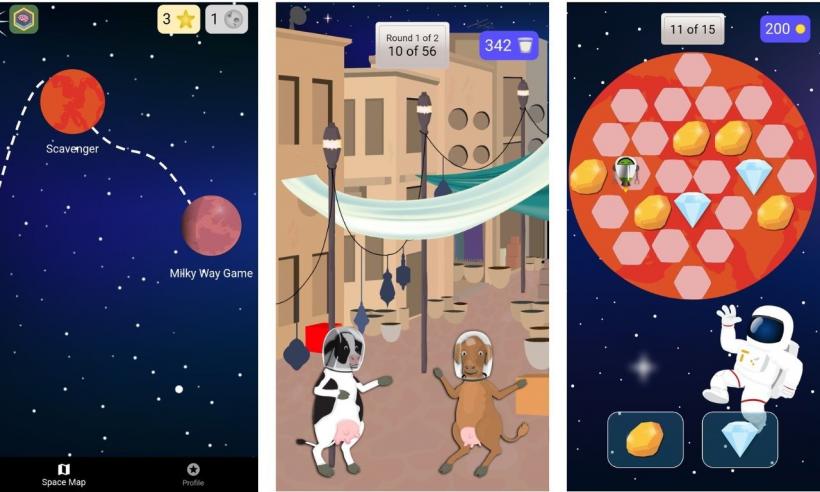 Screenshots von der Spieleoberfläche. Links zwei Planeten. In der Mitte zwei Kühe als Astronauten. Rechts eine Spieleoberfläche.